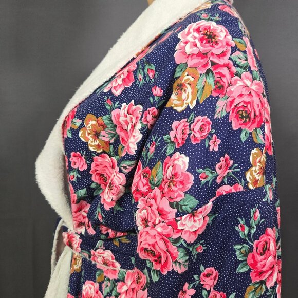 Vintage Diamond Tea Floral Cotton Robe Size L Terry Lined Navy Blue Pink - Picture 9 of 11